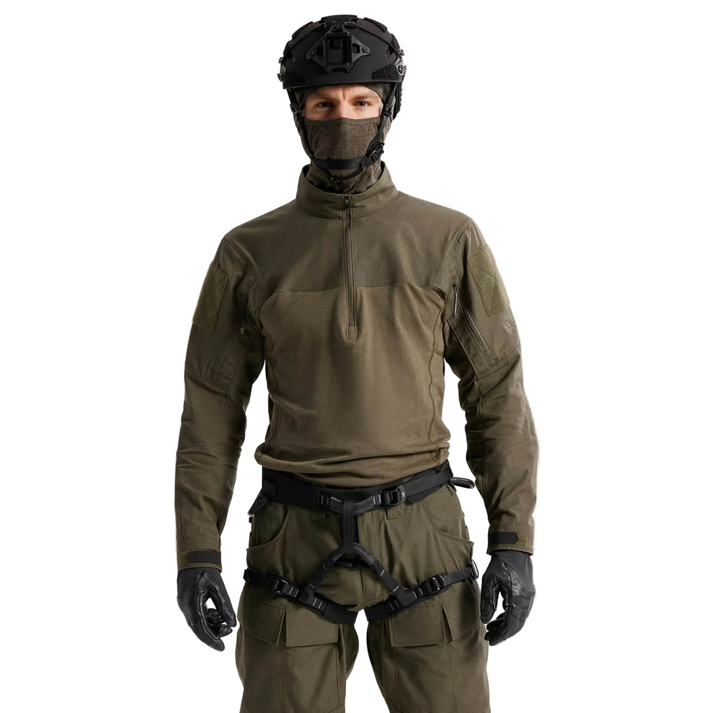 Arc'teryx PRO AR-395a climbing harness shown worn from the front, displaying fit, adjustable leg loops, gear loop layout, and all-round alpine and rock climbing functionality.