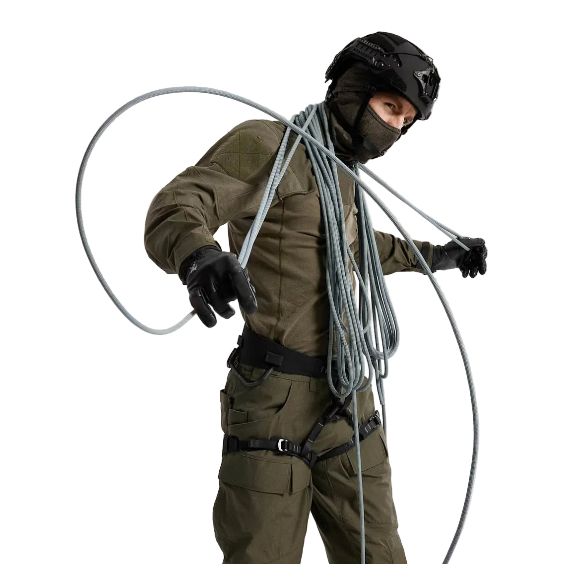 Arc'teryx PRO AR-395a harness shown in active use with rope and climbing gear attached, highlighting gear loop capacity, rope management, and all-round performance for alpine, rock, and ice climbing objectives.