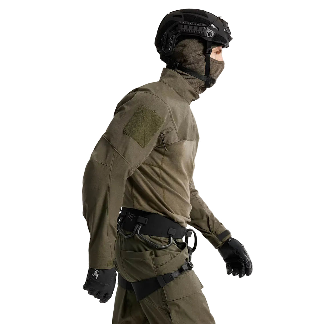 Arc'teryx PRO AR-395a harness worn from the side, showing ergonomic waist belt fit, leg loop adjustment, gear loop accessibility, and mobility-focused design for rock, alpine, and ice climbing.