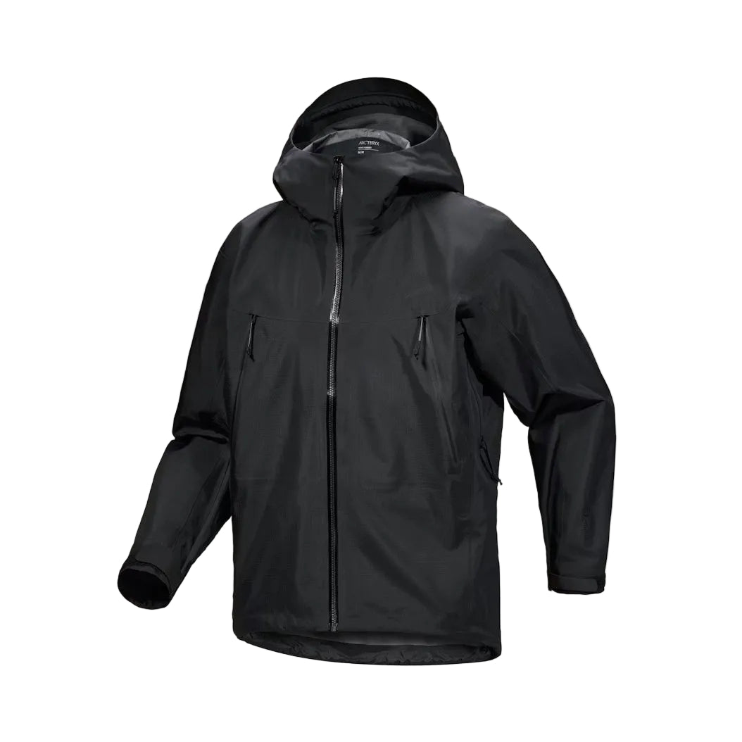Front product view of the Arc'teryx PRO Alpha LT Jacket Gen 2.2 in Black, formerly part of the Arc'teryx LEAF line, featuring the lightweight GORE TEX 3 layer fabric, military fit patterning, fixed stowable hood, and mission ready design built for wet weather tactical operations and full spectrum field environments.