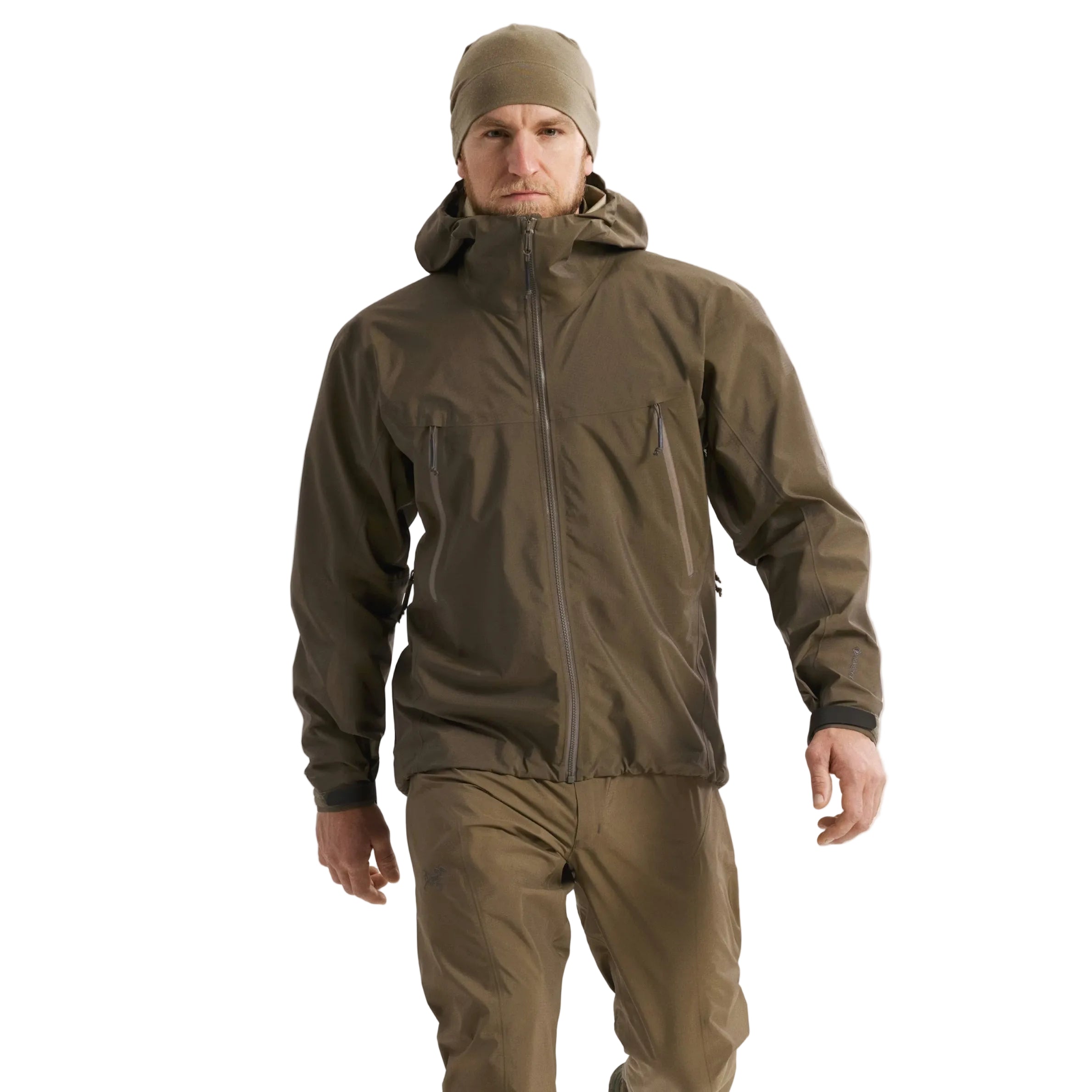 Front worn view of the Arc'teryx PRO Alpha LT Jacket Gen 2.2 in Ranger Green showing the lightweight GORE TEX 3 layer construction, streamlined military fit, and low profile tactical design evolved from the Arc'teryx LEAF program. Demonstrates full weather protection and mobility for wet weather field operations.