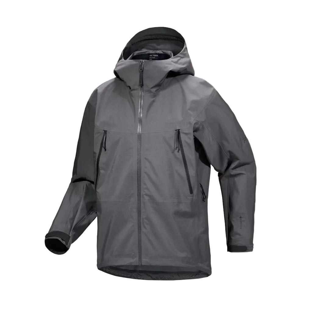 Front product view of the Arc'teryx PRO Alpha LT Jacket Gen 2.2 in Wolf Grey, originally developed within the Arc'teryx LEAF program and now part of the PRO line. Image highlights the lightweight GORE TEX 3 layer construction, military fit, fixed stowable hood, and low-profile tactical design built for wet weather operations and high-mobility field use.