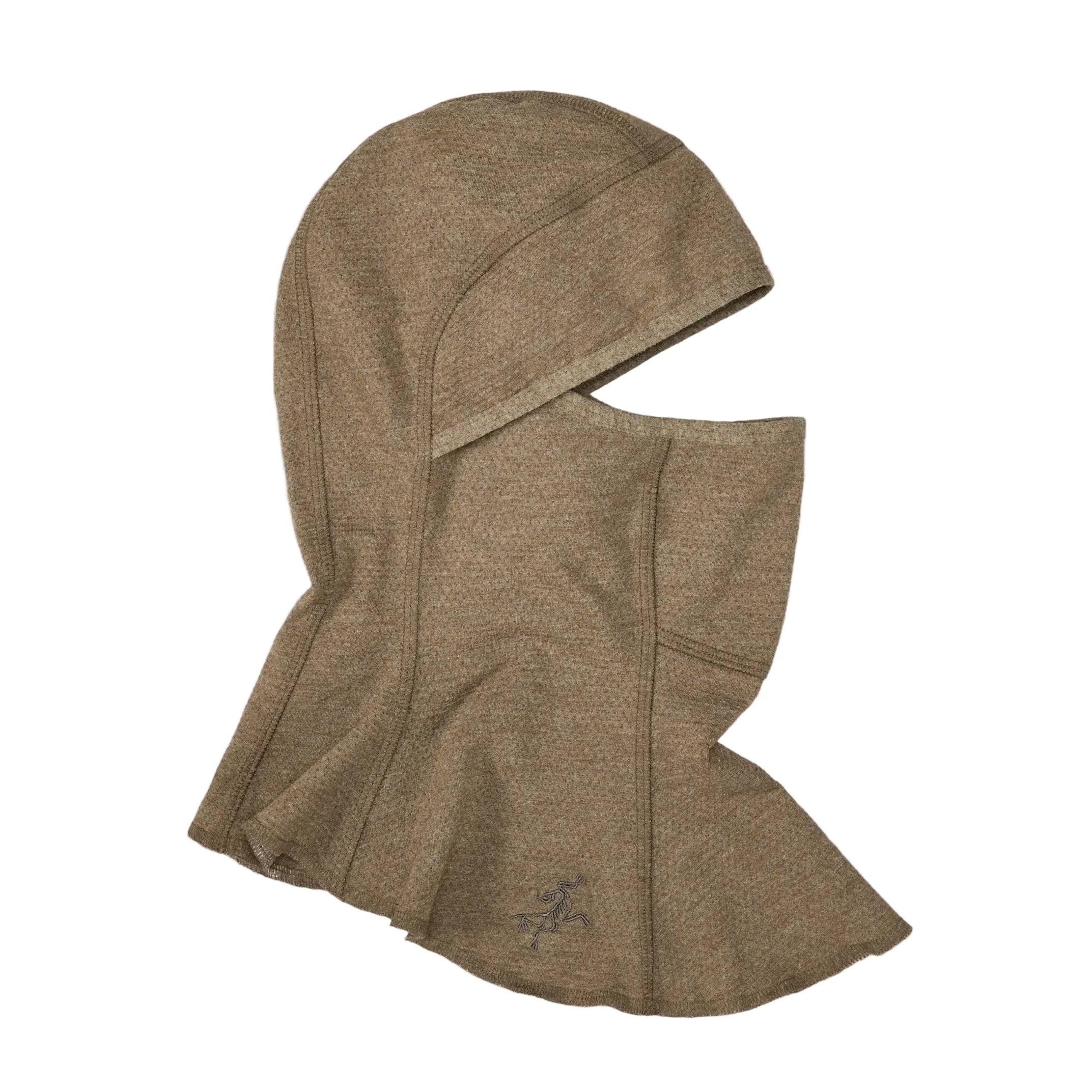 Flat lay image of the Arc'teryx PRO Assault Balaclava FR Gen 2 in Crocodile showing the full flame resistant Defender M mesh construction, ergonomic contouring, and dual-configuration design. Highlights the lightweight FR fabric and tactical profile ideal for helmet integration, breathability, and high-threat operational environments.
