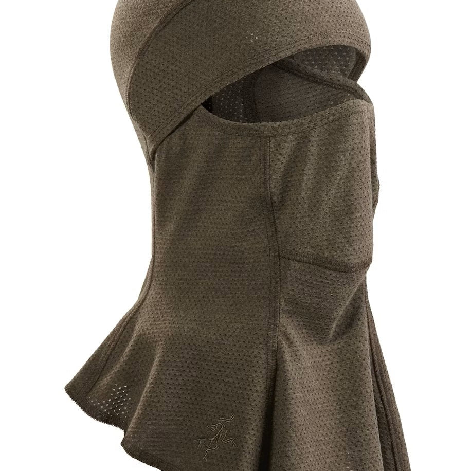 Standard product shot of the Arc'teryx PRO Assault Balaclava FR Gen 2 in Ranger Green showing the flame resistant Defender M mesh knit construction, full face and neck coverage, and ergonomic low profile design optimized for helmet integration, PPE compatibility, and high breathability during direct action and CQB operations.