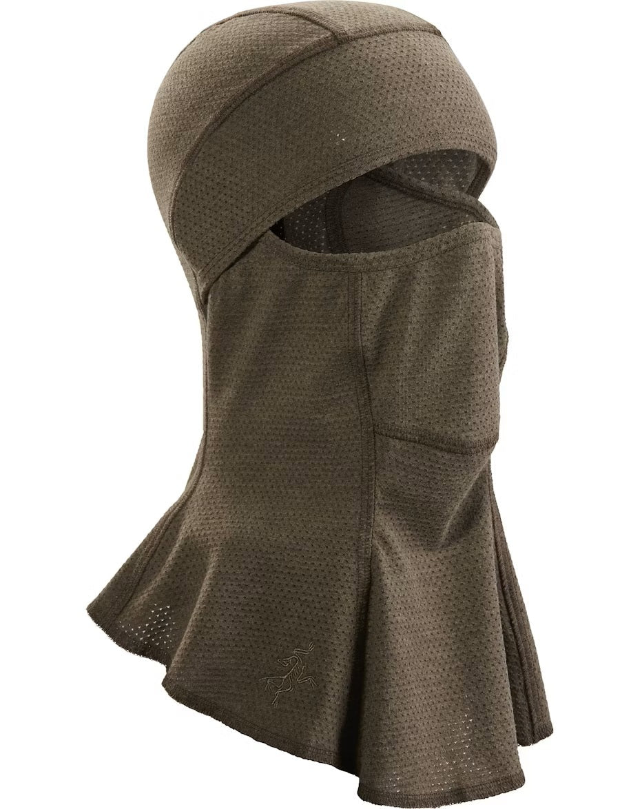 Standard product shot of the Arc'teryx PRO Assault Balaclava FR Gen 2 in Ranger Green showing the flame resistant Defender M mesh knit construction, full face and neck coverage, and ergonomic low profile design optimized for helmet integration, PPE compatibility, and high breathability during direct action and CQB operations.