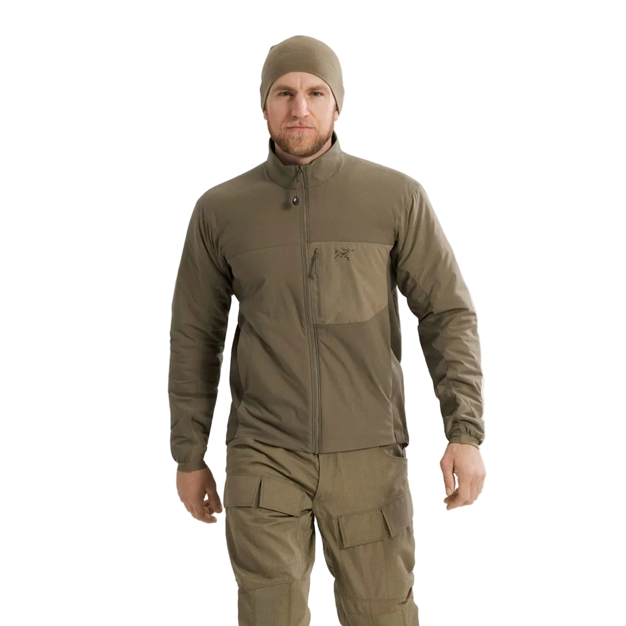 Arc'teryx PRO Atom LT Jacket Gen 2.1 in Crocodile worn from the front during field movement, lightweight insulated tactical jacket built for military patrol, range training, and armor compatible cold weather layering