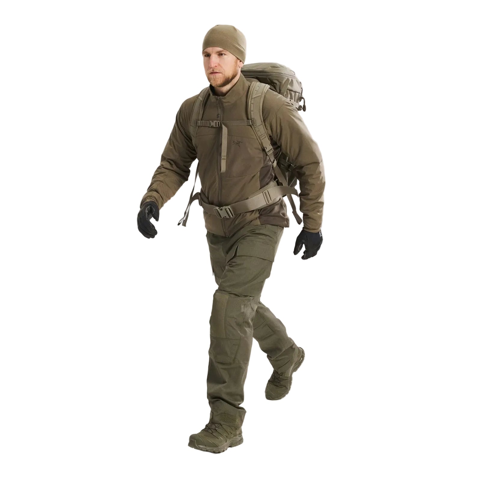 Full body view of Arc'teryx PRO Atom LT Jacket Gen 2.1 in Ranger Green being put on, lightweight synthetic insulated field jacket built for high output training and modular armor compatible layering
