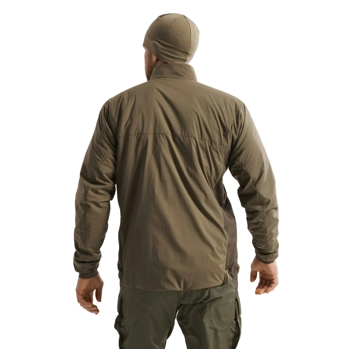 Rear view of Arc'teryx PRO Atom LT Gen 2.1 in Ranger Green worn in operational setting, breathable mid layer jacket designed for mobility under plate carriers and load bearing equipment