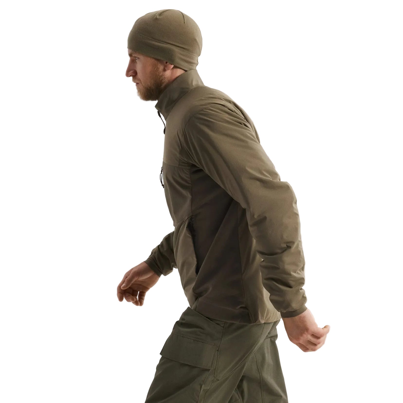 Side profile of Arc'teryx PRO Atom LT Jacket Gen 2.1 Ranger Green highlighting articulated cut and stretch ventilation panels, professional insulation layer engineered for dynamic movement in the field