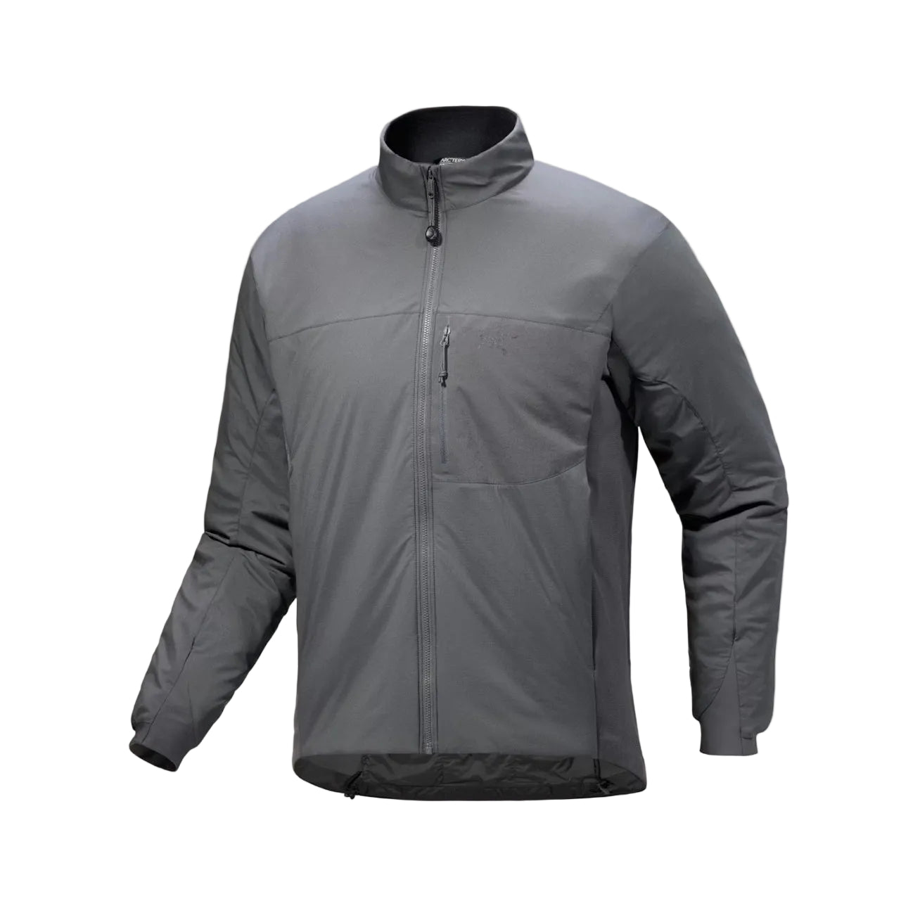 Arc'teryx PRO Atom LT Jacket Gen 2.1 in Wolf Grey shown front facing, lightweight professional cold weather mid layer with CLIMASHIELD insulation built for tactical field operations and modular layering systems