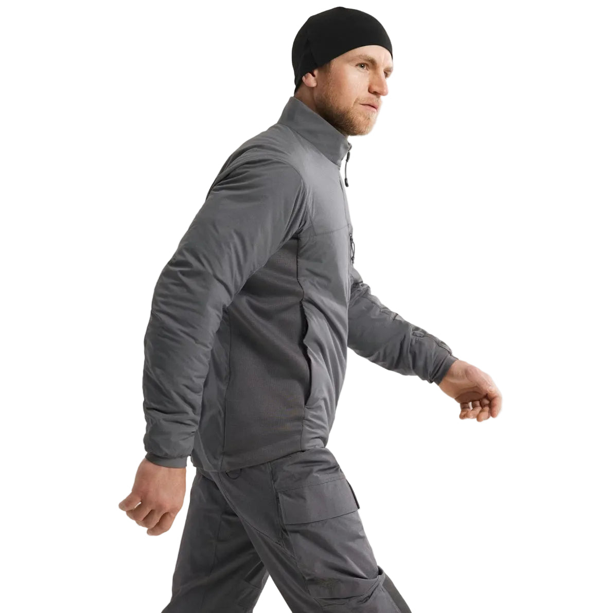 Side profile of Arc'teryx PRO Atom LT Jacket Gen 2.1 in Wolf Grey highlighting articulated fit and stretch ventilation panels, lightweight military insulation layer engineered for dynamic movement