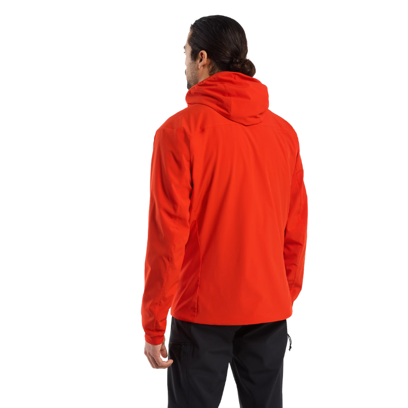 Back view of the Arc'teryx PRO Practitioner AR Hoody in Dynasty Red showing articulated construction, helmet-compatible ScubaHood™, and drop hem design. Lightweight tactical mid layer built with Octa® Loft insulation and Fortius™ Air 50 shell for mission-ready performance.