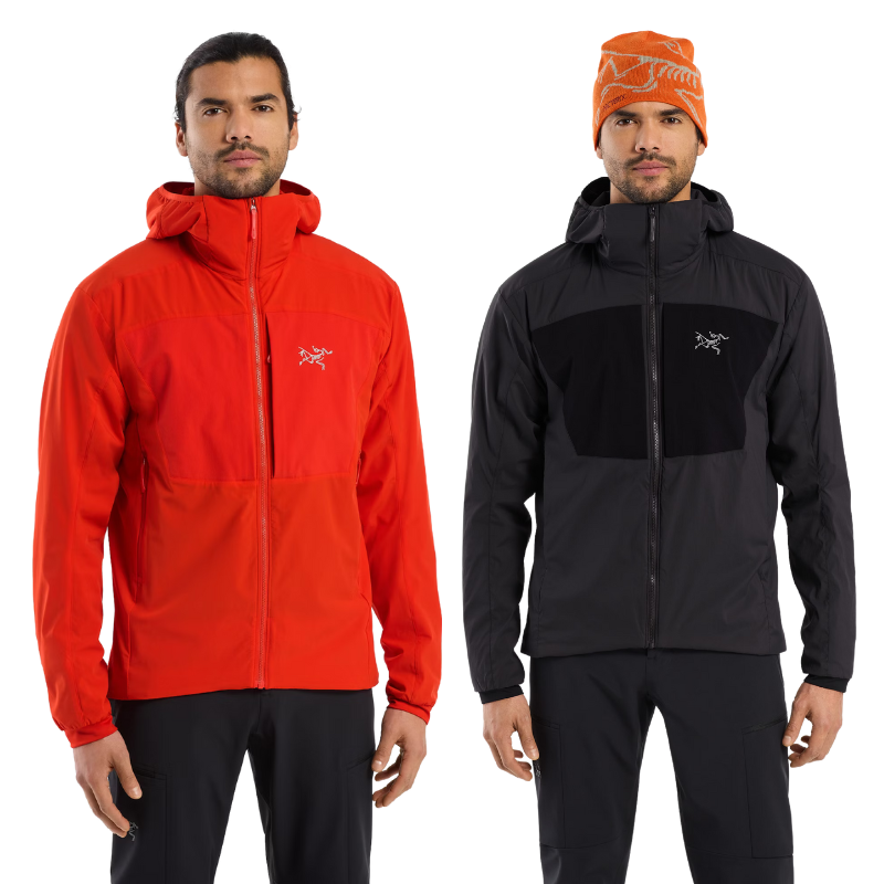 Arc'teryx PRO Practitioner AR Hoody in Dynasty Red and Black colorways. Lightweight tactical mid layer with Octa® Loft insulation and Fortius™ Air 50 shell for breathable warmth, mobility, and weather resistance. Discontinued LEAF gear available at Tactical Distributors.