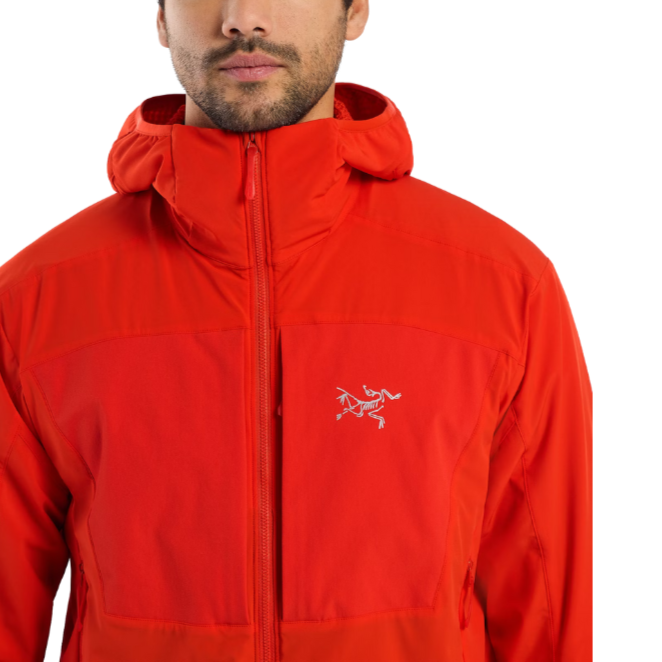 Close-up of the Arc'teryx PRO Practitioner AR Hoody in Dynasty Red showing zipper and embroidered logo. Authentic Arc'teryx LEAF discontinued merchandise marked down by factory spec. Premium tactical mid layer with Octa® Loft insulation and Fortius™ Air 50 shell—limited quantity, final sale.
