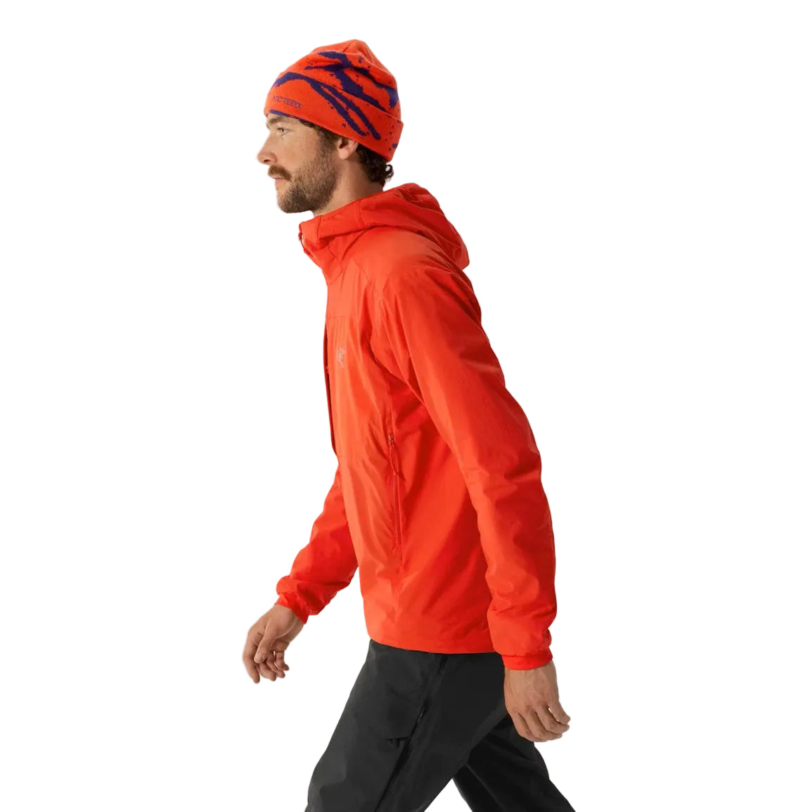 Side view of the Arc'teryx PRO Practitioner AR Hoody in Dynasty being worn, showing the articulated patterning, gusseted underarms, and athletic fit designed for unrestricted movement during tactical missions and outdoor performance across the United States.