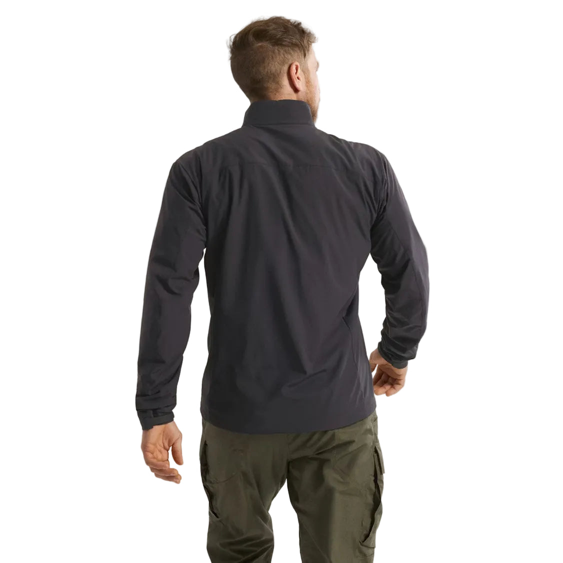 Back view of the Arc'teryx PRO Practitioner AR Jacket in Black showing the articulated patterning, drop hem design, and streamlined Fortius Air 50 shell. Highlights the lightweight Octa Loft insulation, mobility-focused construction, and mission-ready performance of this PRO-series tactical mid layer evolved from the Arc'teryx LEAF line.