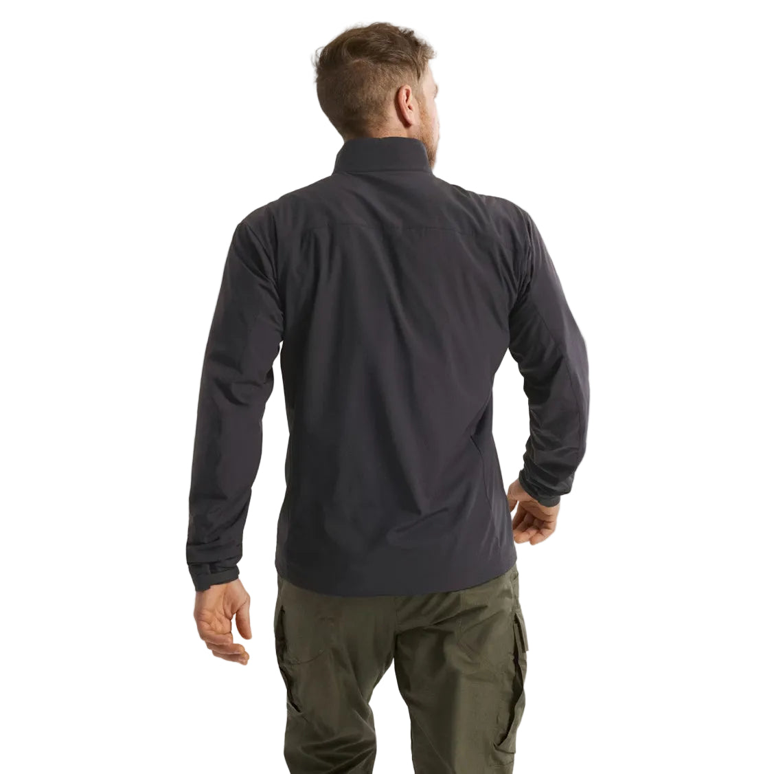 Back view of the Arc'teryx PRO Practitioner AR Jacket in Black showing the articulated patterning, drop hem design, and streamlined Fortius Air 50 shell. Highlights the lightweight Octa Loft insulation, mobility-focused construction, and mission-ready performance of this PRO-series tactical mid layer evolved from the Arc'teryx LEAF line.