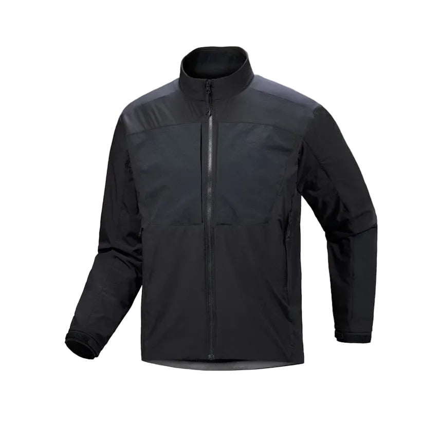 Product shot of the Arc'teryx PRO Practitioner AR Jacket in Black showing the Fortius Air 50 face fabric, lightweight Octa Loft insulation, and articulated tactical fit. Highlights the breathable, water-resistant mid-layer design evolved from the Arc'teryx LEAF line, built for high-output movement, temperature regulation, and mission-ready performance.
