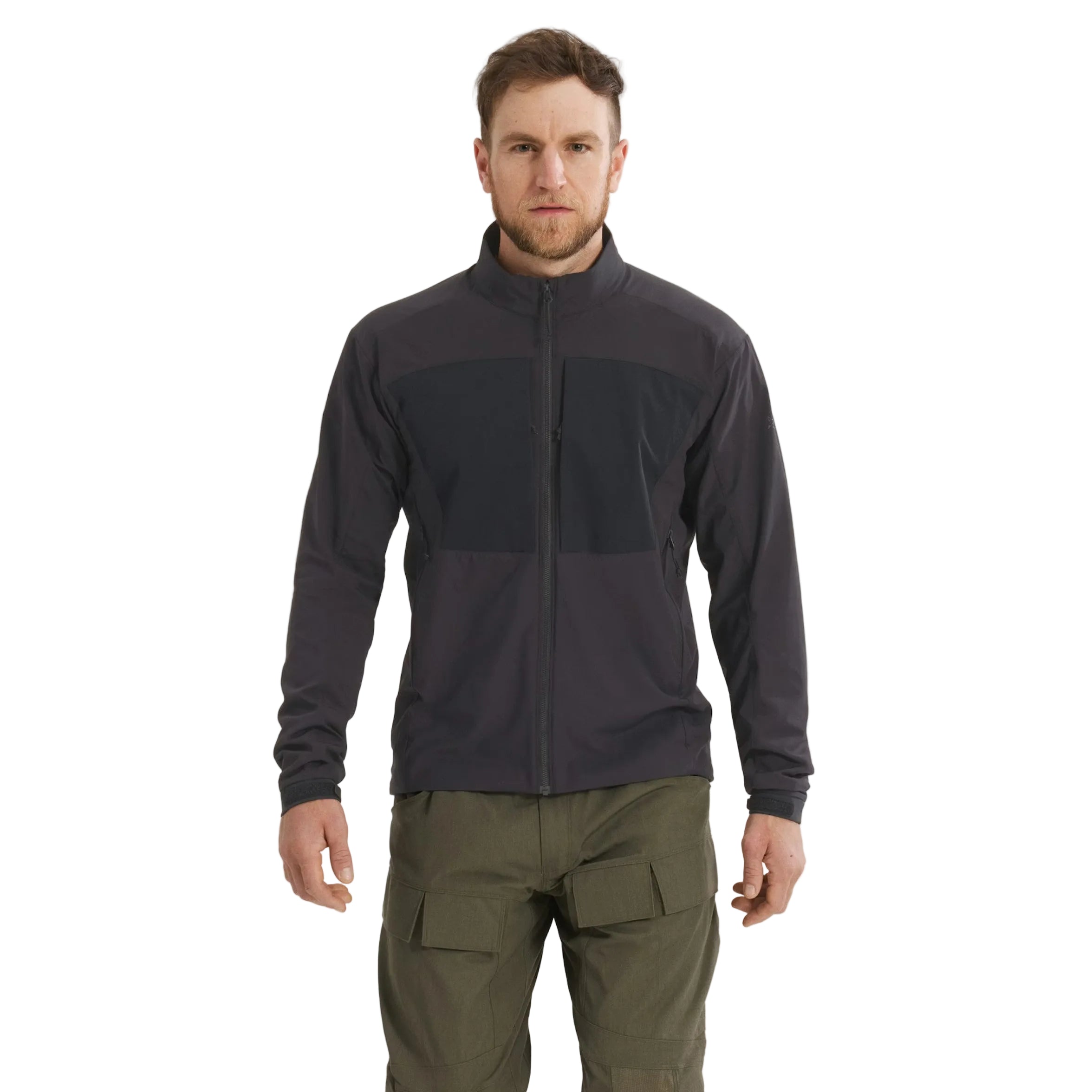 Front view of the Arc'teryx PRO Practitioner AR Jacket in Black being worn, highlighting the Fortius Air 50 breathable shell, Octa Loft insulation, and articulated fit designed for active movement and temperature regulation. Shows the PRO-series mid layer evolved from the Arc'teryx LEAF program, built for high-output missions, field mobility, and all-weather tactical performance.