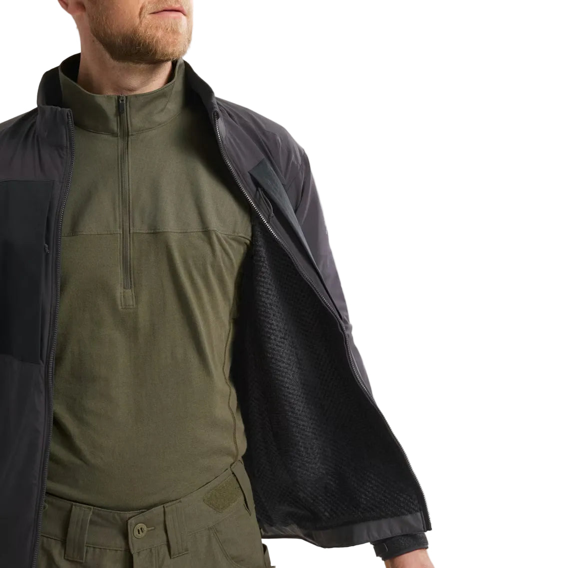 Arc'teryx PRO Practitioner AR Jacket in Black worn open as an outer layer, showing the breathable Fortius Air 50 shell, Octa Loft insulation, and articulated fit that layers cleanly over additional jackets or gear. Highlights its versatility as a lightweight tactical outer shell for high-output missions, temperature swings, and field-ready mobility.