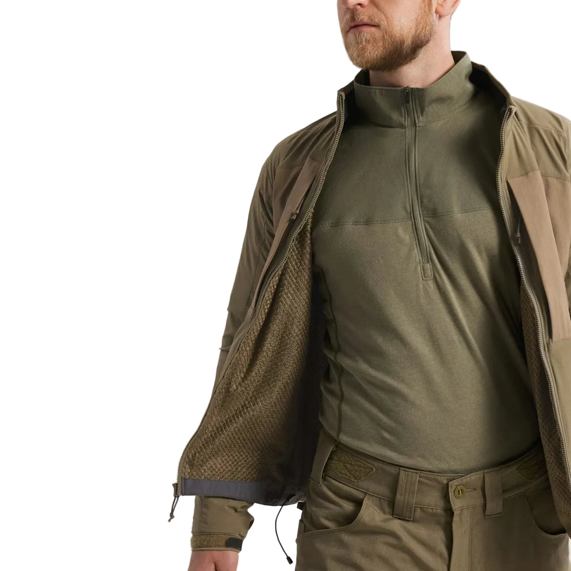 Arc'teryx PRO Practitioner AR Jacket in Crocodile worn open to reveal the interior Octa Loft insulation and breathable Fortius Air 50 construction. Shows the lightweight thermal grid and moisture-managing design that makes this PRO-series tactical mid layer ideal for high-output movement, temperature swings, and mission-ready layering systems.