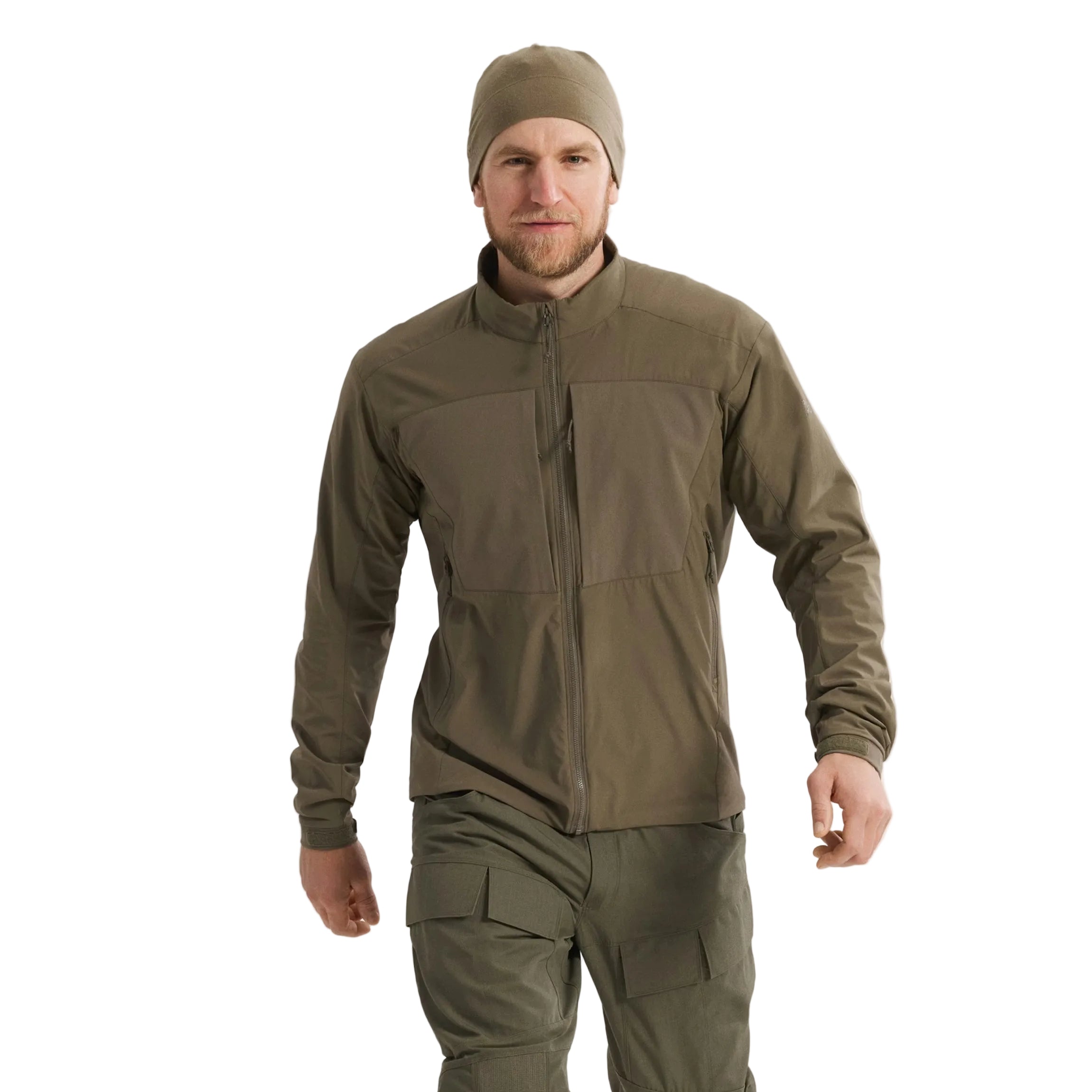 Front view of the Arc'teryx PRO Practitioner AR Jacket in Ranger Green being worn, showing the dual chest pockets, articulated fit, and Fortius Air 50 breathable shell. Highlights the Octa Loft insulation and low-profile tactical design that makes this PRO-series mid layer ideal for military and law enforcement use, cold-weather layering systems, and high-output field movement.