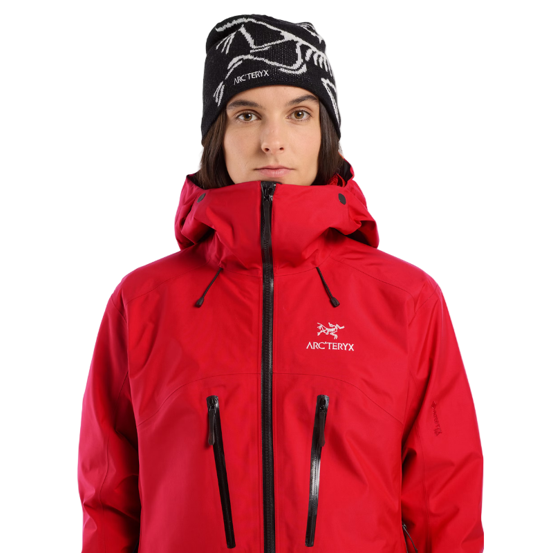 Close front detail view of the Arc'teryx Women’s Alpine Guide Jacket showing the women’s technical GORE TEX PRO construction and features available on sale in the Arc'teryx collection.