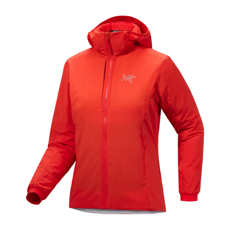 Product shot of the Arc'teryx Women’s Practitioner AR Hoody in the bright Dynasty red colorway showing the lightweight Octa Loft insulated alpine mid layer featured in the Arc'teryx on sale collection and built for high output cold weather missions.