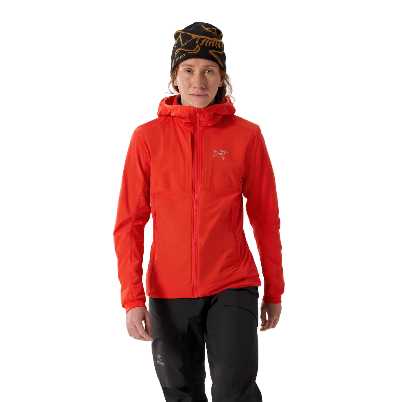 Front product shot of the Arc'teryx Women’s Practitioner AR Hoody showing the lightweight Octa Loft insulated mid layer with Fortius Air 50 fabric designed for alpine missions, high output movement, and weather resistant performance.