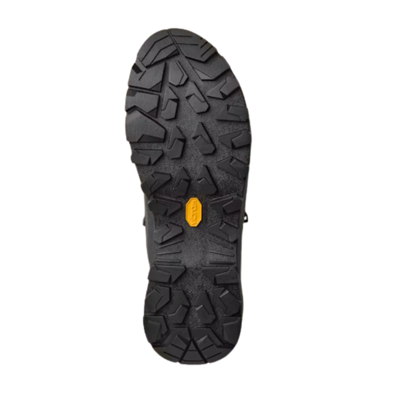 Close-up of a shoe sole with Vibram tread pattern on a white background
