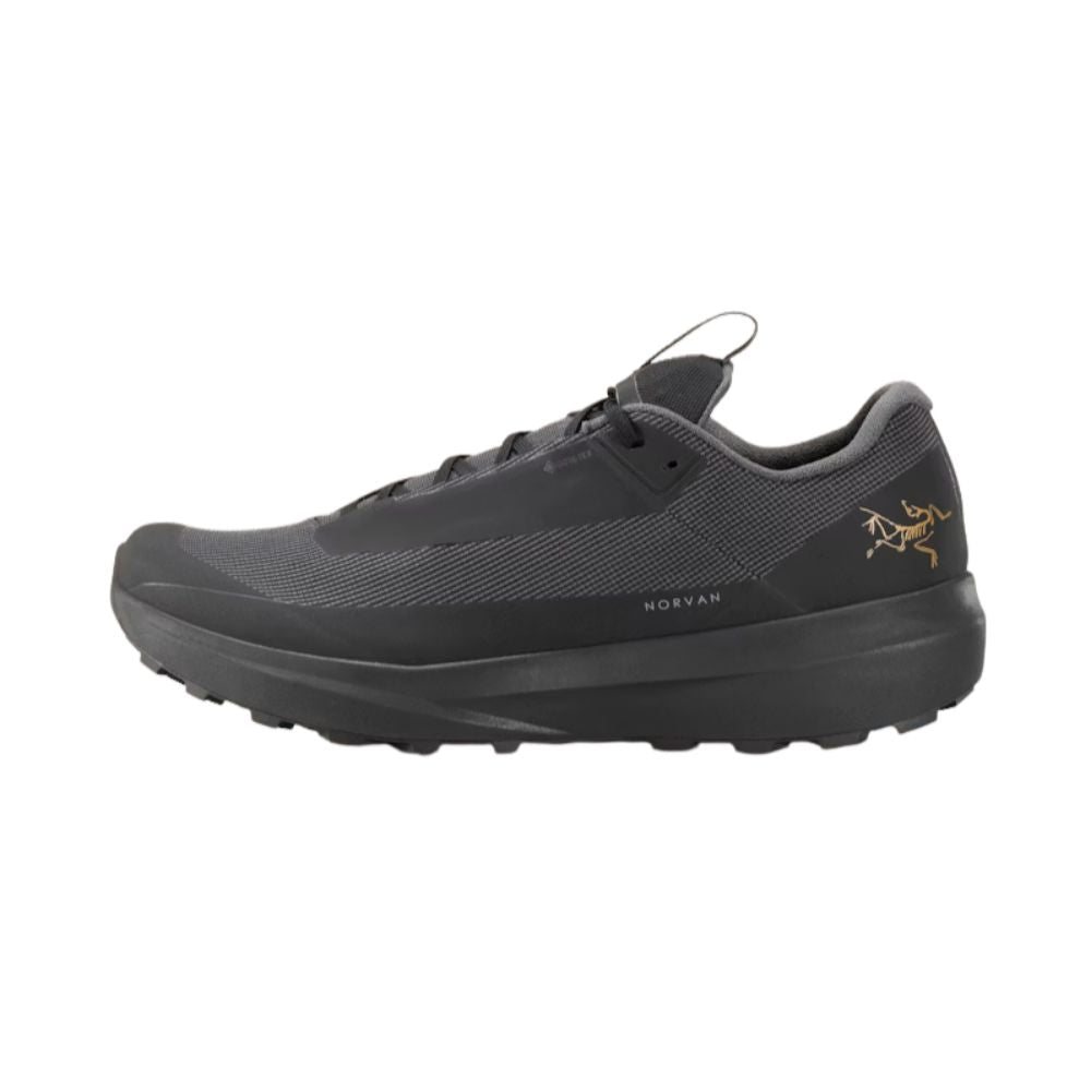 Side view of the Arc'teryx Norvan LD 4 GTX trail running shoe in Black/Black featuring a waterproof GORE-TEX upper and Vibram Megagrip outsole.