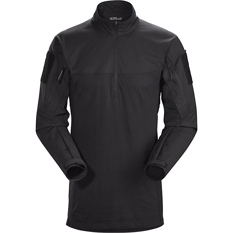 Front view of the Arc’teryx PRO Assault Combat Shirt in Black. No melt/no drip tactical combat shirt built for body armor integration, featuring a low-profile zip neck, articulated fit, and durable NYCO Cordura® ripstop with Cyberknit jersey for direct action performance.