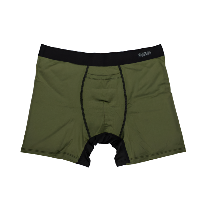 Flat lay of the front of Battle Briefs Men’s Athletic Boxer Briefs in Ranger Green. Featuring moisture-wicking, quick-drying fabric, and anti-microbial technology, these boxer briefs are designed for all-day comfort, performance, and durability, perfect for active wear, gym sessions, and tactical operations.