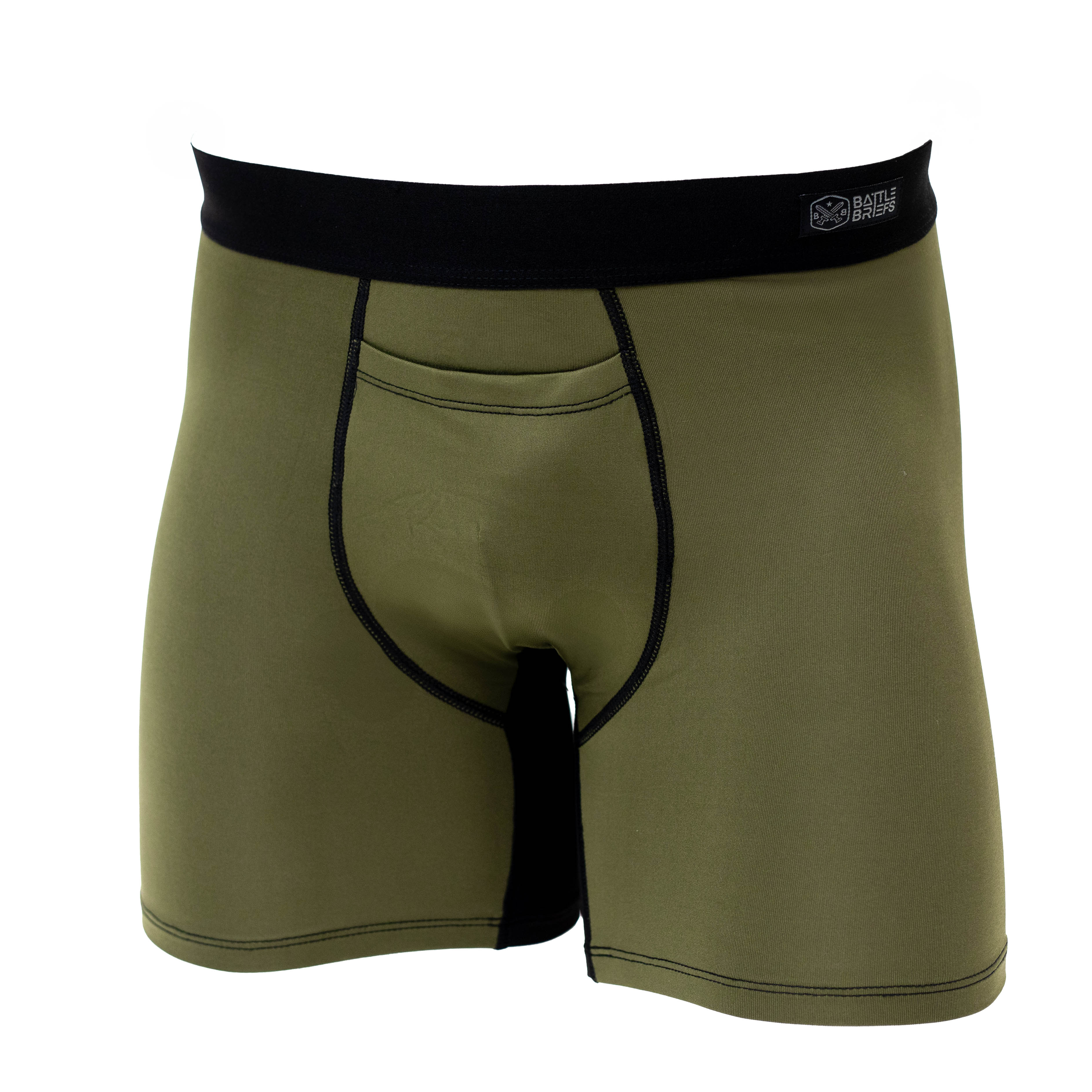 Front view of Battle Briefs Men’s Athletic Boxer Briefs in Ranger Green. These performance boxer briefs offer moisture-wicking, quick-drying fabric, and anti-microbial technology, providing all-day comfort and support for active wear, gym sessions, and tactical operations.