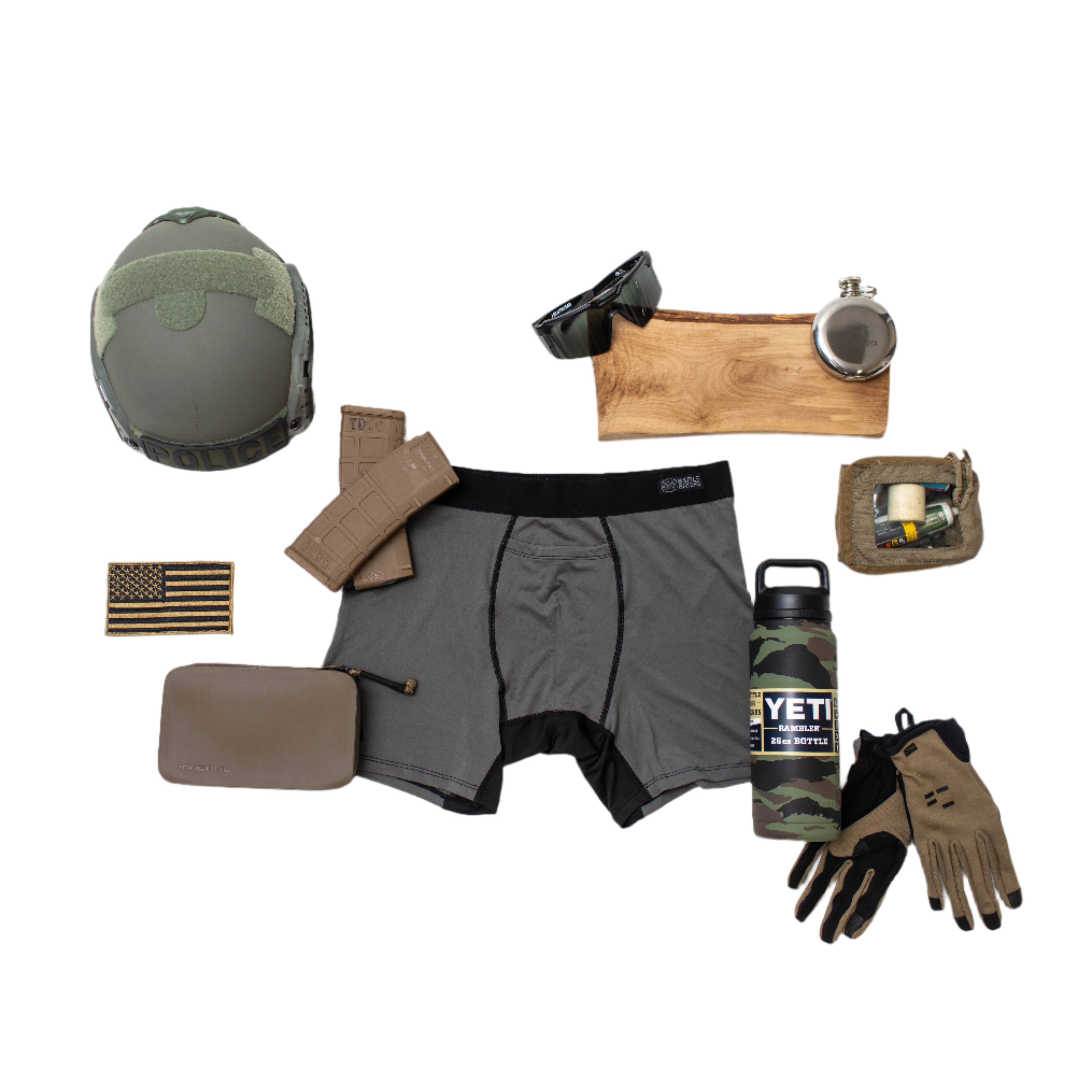 Flat lay of Battle Briefs Men’s Athletic Boxer Briefs in Wolf Grey, showcased as part of your everyday kit. Designed for comfort and performance, these boxer briefs feature moisture-wicking, quick-drying fabric, anti-microbial technology, and a secure, no-ride fit, making them perfect for active wear, gym sessions, and tactical operations.