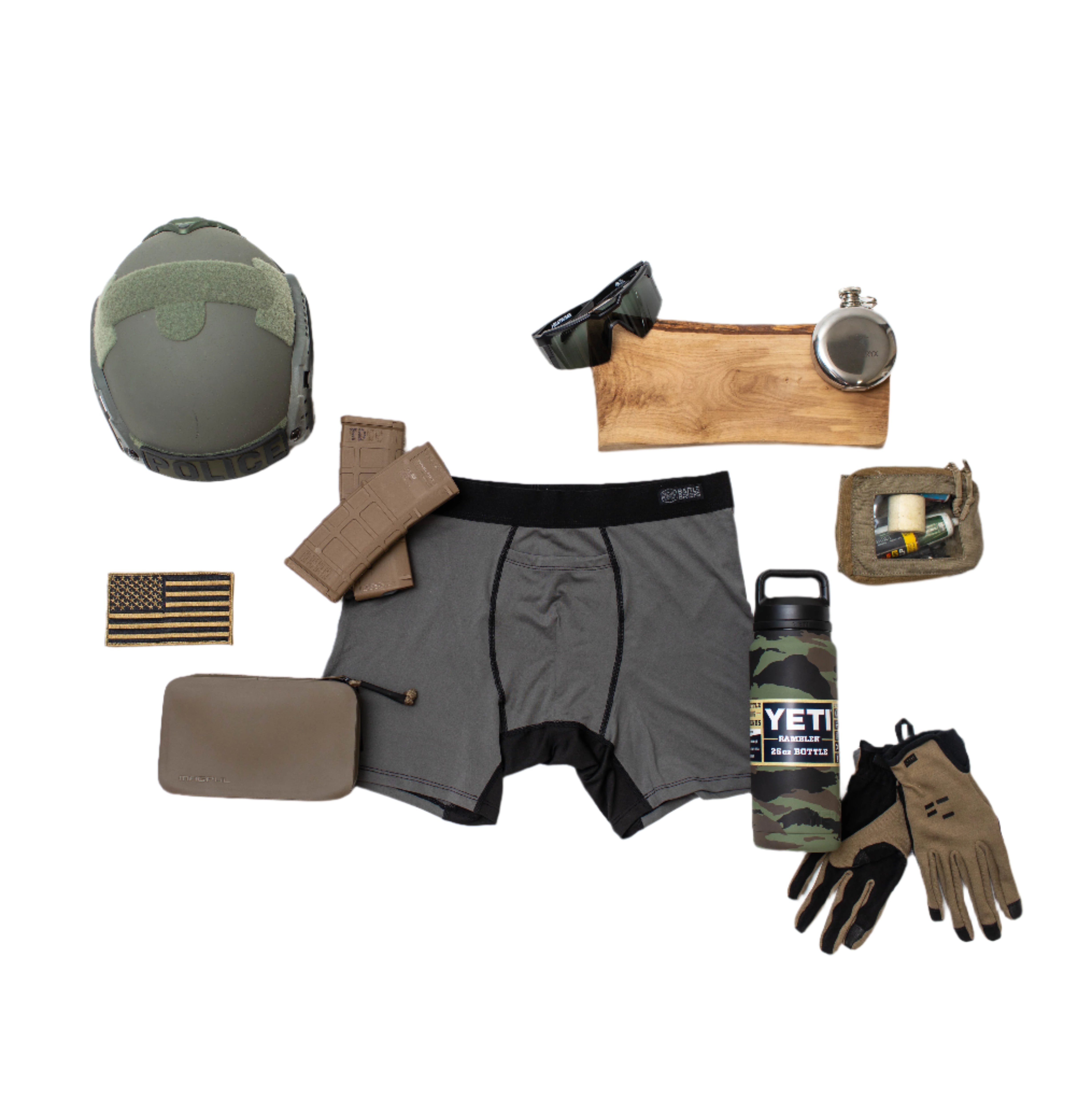 Flat lay of Battle Briefs Men’s Athletic Boxer Briefs in Wolf Grey, showcased as part of your everyday kit. Designed for comfort and performance, these boxer briefs feature moisture-wicking, quick-drying fabric, anti-microbial technology, and a secure, no-ride fit, making them perfect for active wear, gym sessions, and tactical operations.