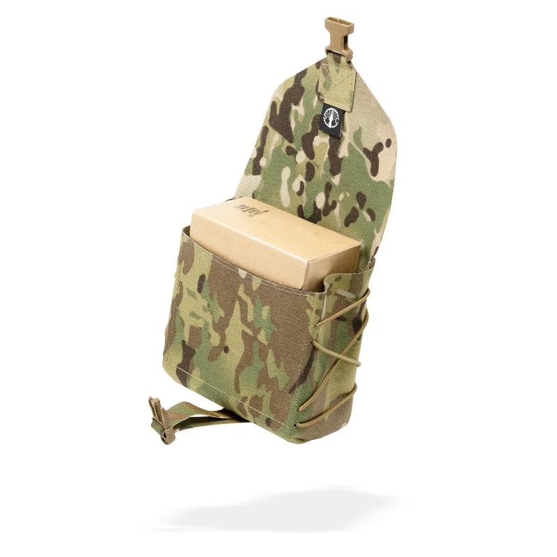 Opened licensed MULTICAM pouch with a beige box inside on a white background