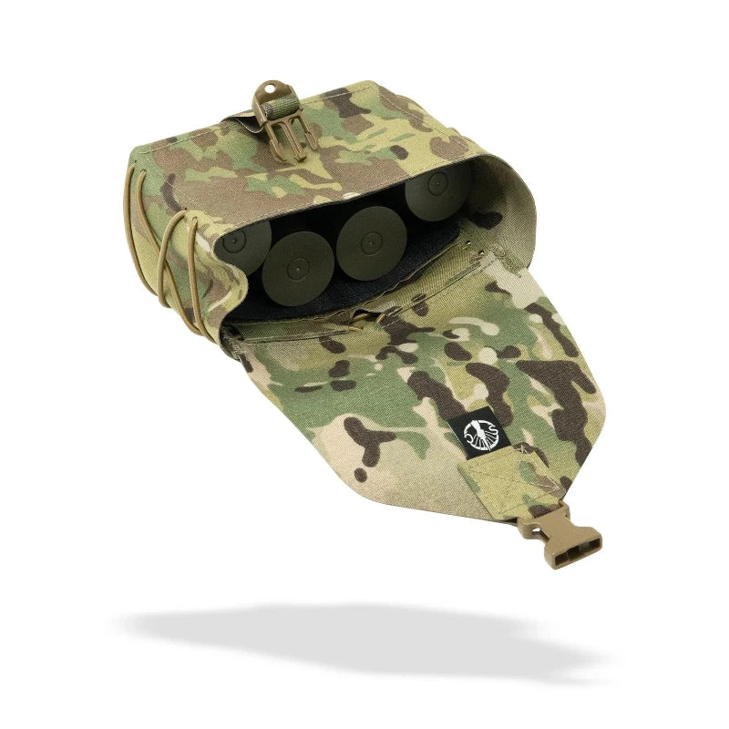 Opened licensed MULTICAM pouch with 4 black canisters inside, shown on a white background