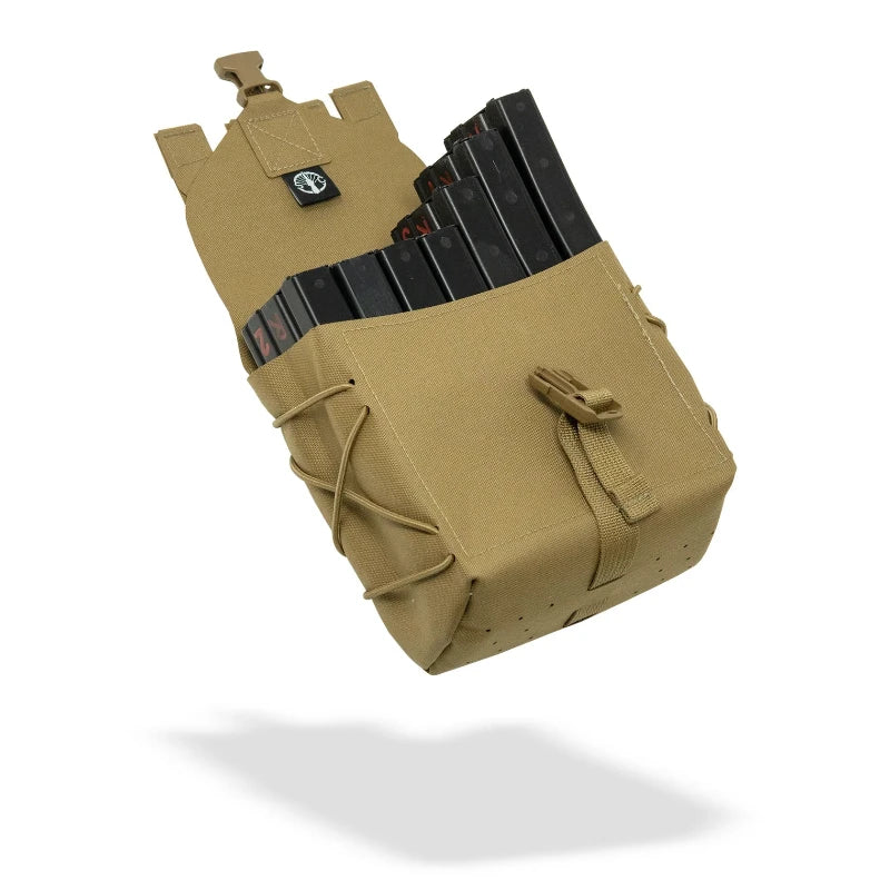 Opened tan tactical pouch with 7 black magazines inside. Shown on a white background