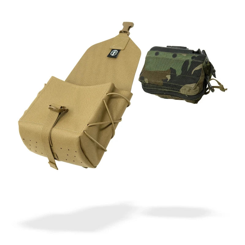 Opened tan pouch with buckle closure compared to a small Woodland camo pouch on a white background