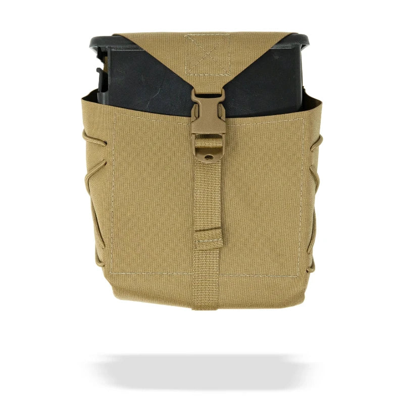 Tan tactical pouch with a black container inside. Shown on a white background