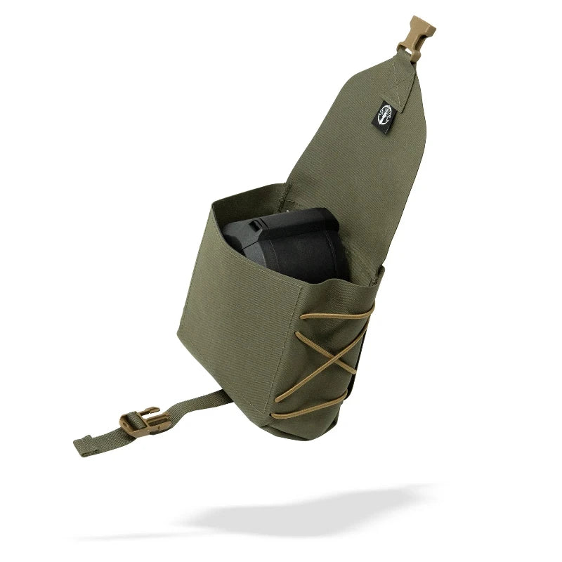 Opened ranger green pouch with a black item inside on a white background