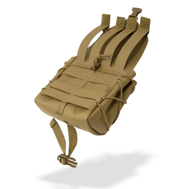 Opened coyote brown pouch with MOLLE webbing on the back on a white background