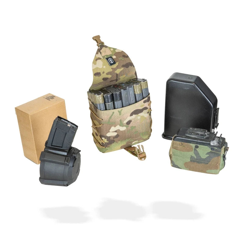 Licensed MULTICAM pouch holding 7 magazines compared to ammo cans on a white background