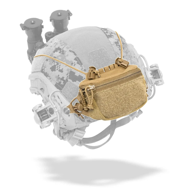 Coyote Brown tactical pouch attached to a helmet with a white background