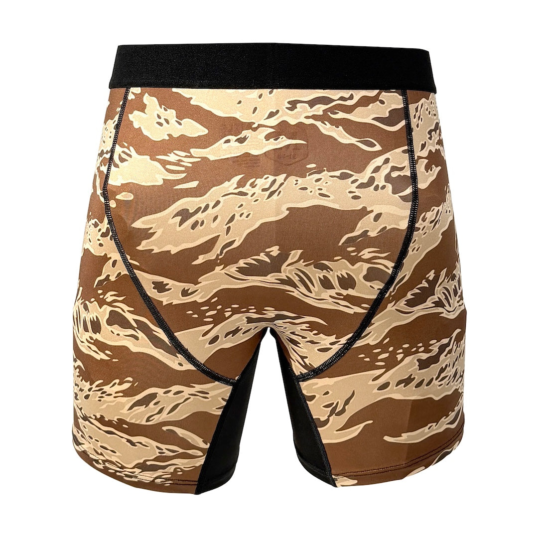 Rear view of Battle Briefs Core Performance Boxer Briefs in Desert Tiger Stripe showing the no-ride design and full-coverage rear construction.