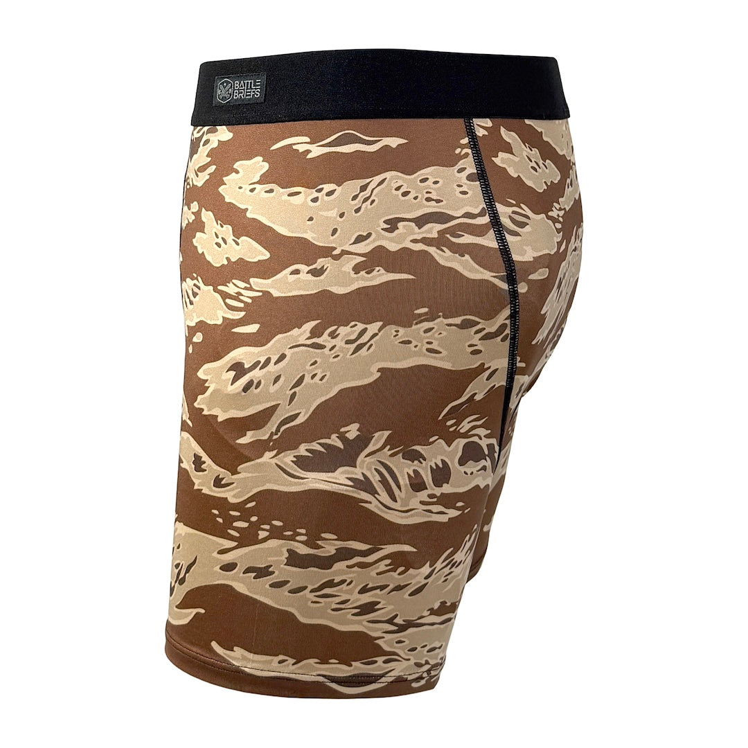 Side view of Battle Briefs Core Performance Boxer Briefs in Desert Tiger Stripe highlighting the athletic cut, wrap-around leg panels, and stretch fabric.