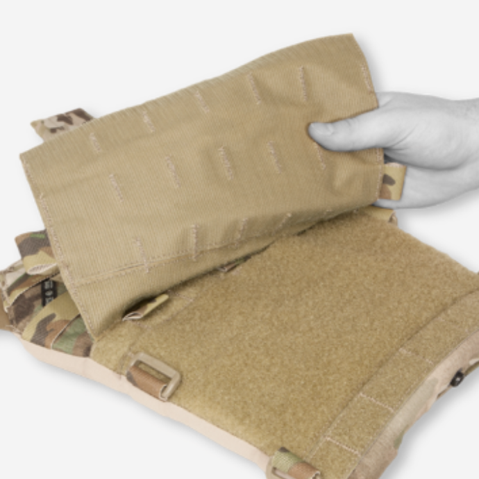 Close-up view of the Velcro® brand panel on the front of the Crye Precision JPC 2.0™. This panel allows for easy attachment of detachable MOLLE or mag pouch front flaps, offering versatile customization and enhanced loadout options. Ideal for operators who need a flexible, high-performance plate carrier for dynamic mission requirements.