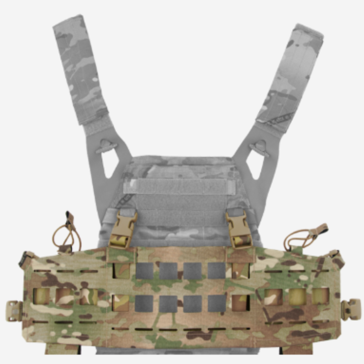 Close-up view of the vertical webbing loops on the front of the Crye Precision JPC 2.0™. These loops support detachable chest rigs, offering enhanced modularity and customization. This lightweight tactical kit is ideal for operators who require quick access and versatile loadout options without sacrificing mobility.