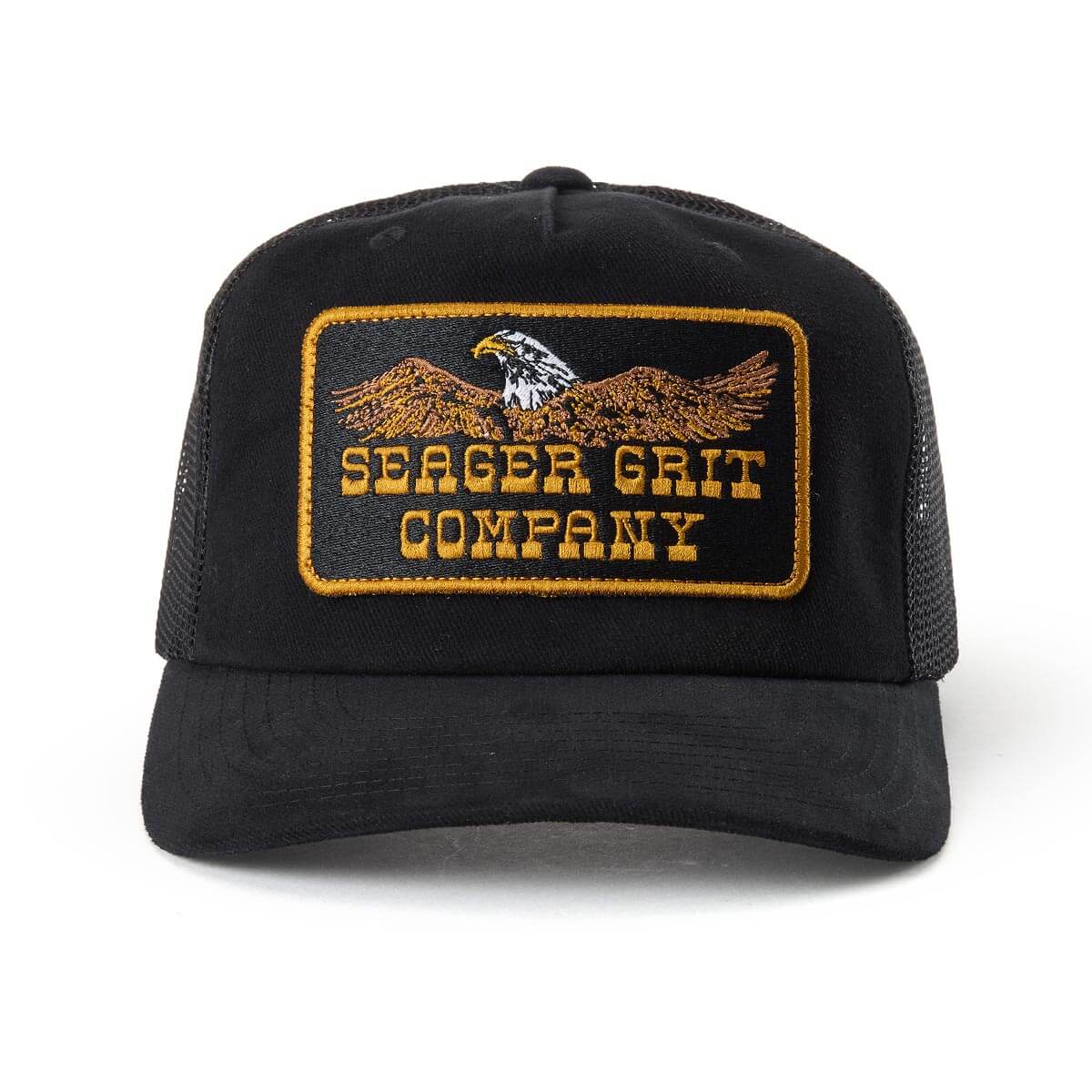 Black cap with gold embroidered Seager logo and text on a white background